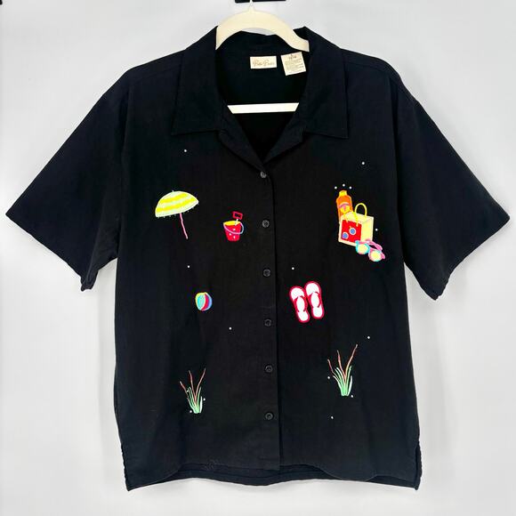 Bobbie Brooks Black Embroidered Beach Rhinestone Button-Up Shirt Size L - Picture 2 of 5